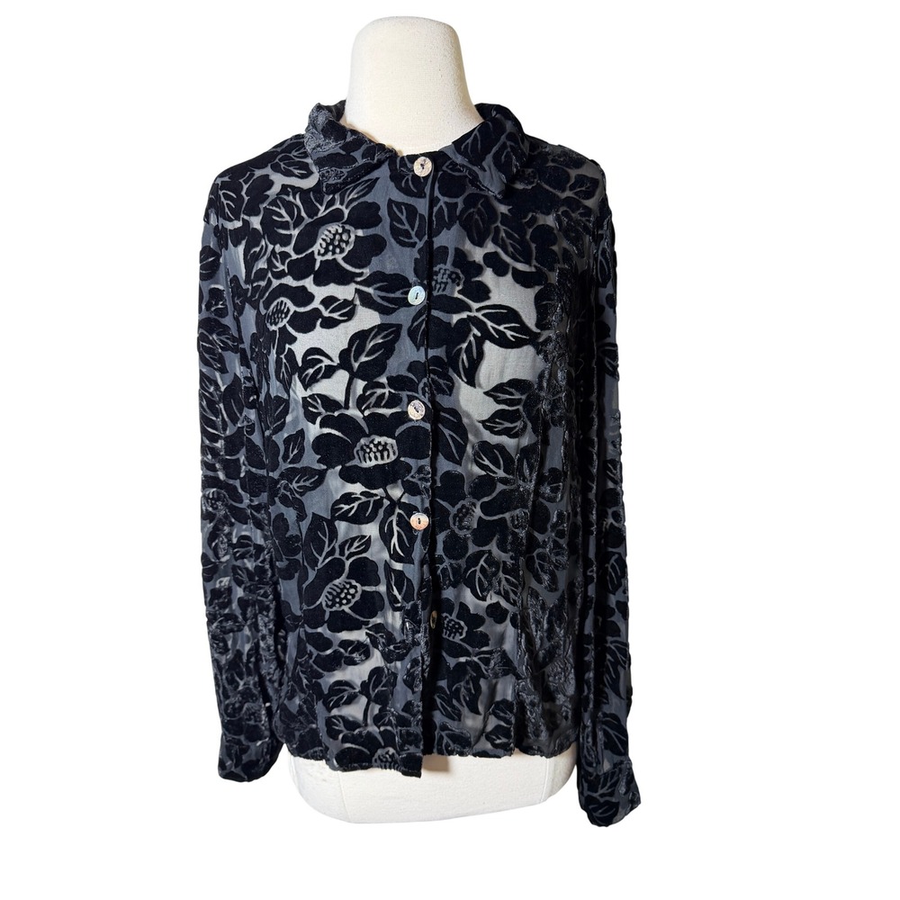 Citron Santa Monica Black Burnout Velvet Floral Sheer Button Down Blouse Size M